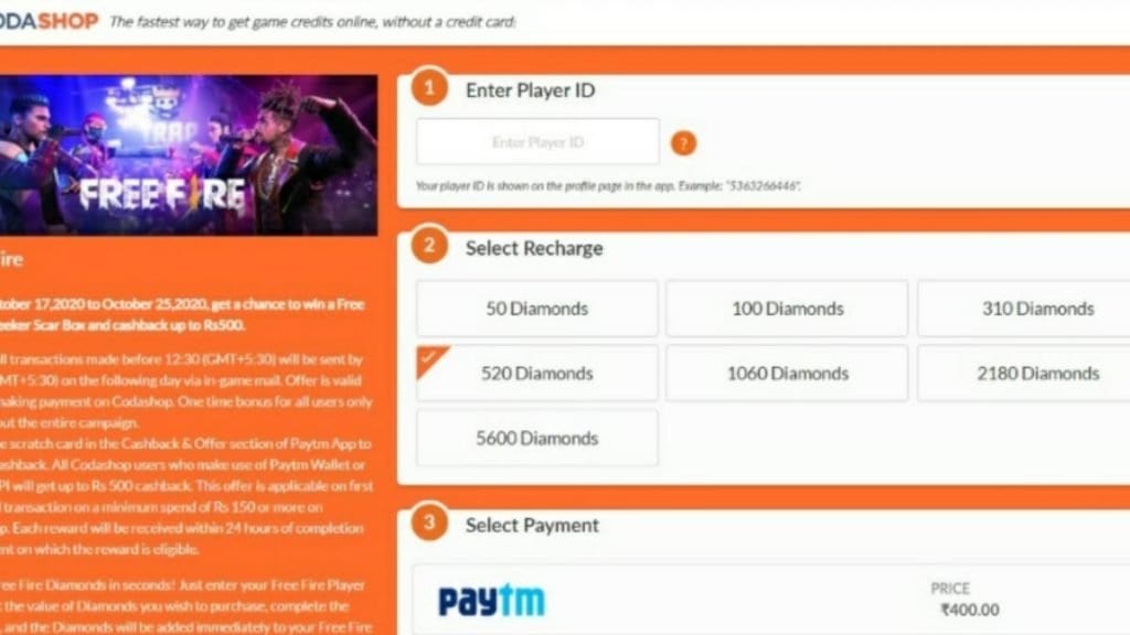 Garena Free Fire: How to top-up Diamonds in Codashop in ...