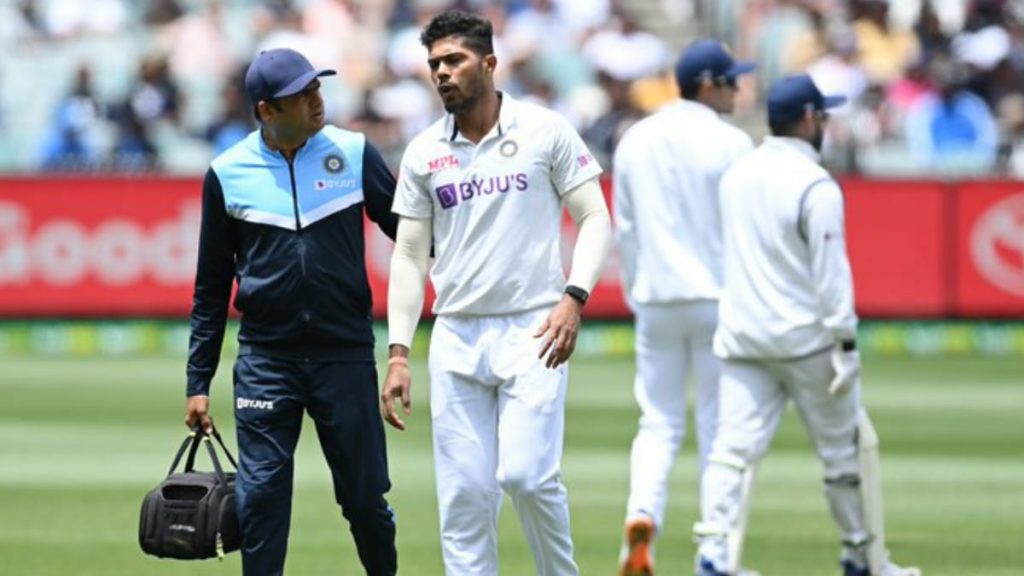 Umesh Yadav limps off the field