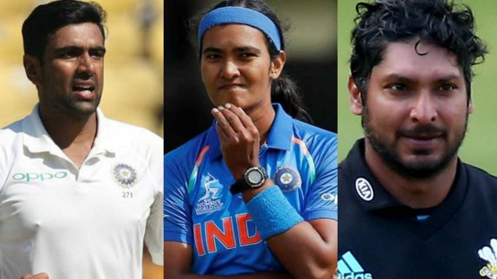 Ravichandran Ashwin, Shikha Pandey and Kumar Sangakkara (L-R)