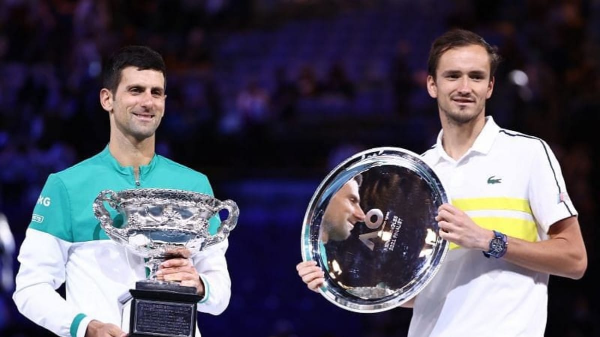 Novak Djokovic And Daniil Medvedev At The Trophy Presentation Ceremony Of The 2021 Australian Open 0289