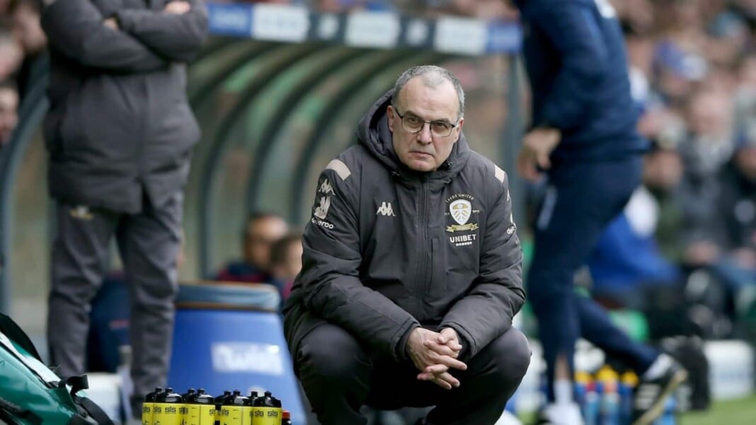 One of Marcelo Bielsa's iconic poses during a football match One of Marcelo Bielsa's iconic poses during a football match