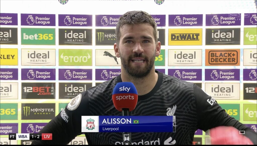 An ecstatic Alisson After scoring his first ever goal