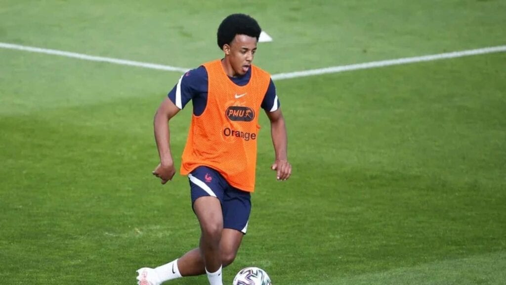 Jules Kounde practices at at training ground at Clairefontaine