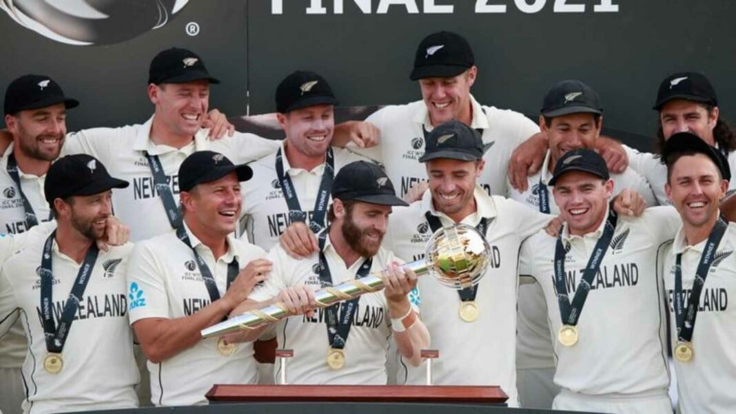 Kane Williamson and other NZ players after winning the WTC Final Kane Williamson and other NZ players