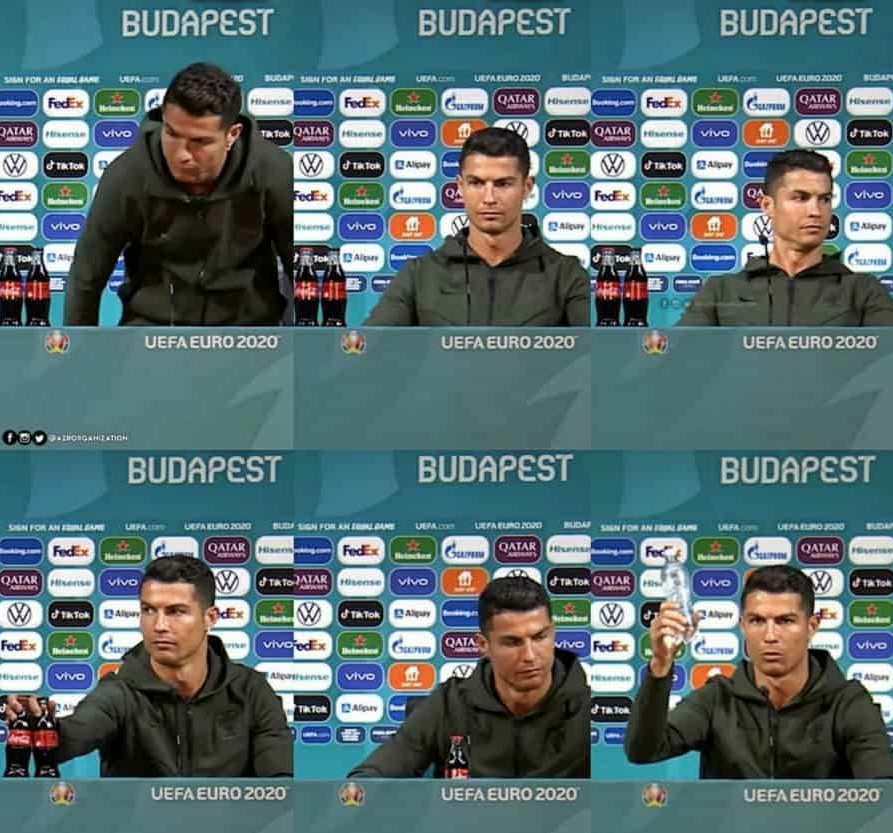 Cristiano Ronaldo removes Coca-Cola bottles at the Portugal press conference