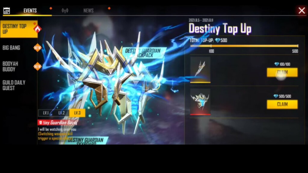 free fire destiny top up event