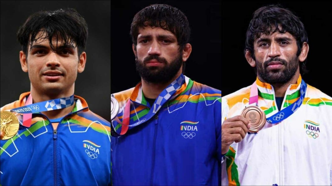 Neeraj Chopra, Ravi Kumar Dahiya and Bajrang Punia Neeraj Chopra, Ravi Kumar Dahiya and Bajrang Punia