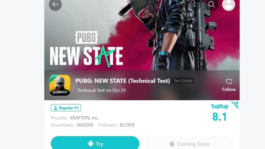 PUBG New State APK displayed on TapTap, unverified by developers