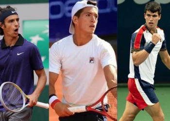 Lorenzo Musetti(L), Sebastian Baez(C), Carlos Alcaraz(R)