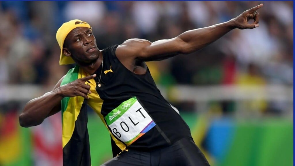 Usain Bolt in his iconic victory pose