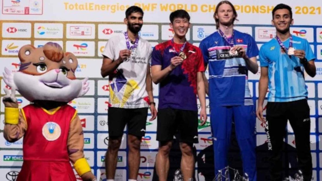 Kidambi Srikanth and Lakshya Sen at World Championships podium