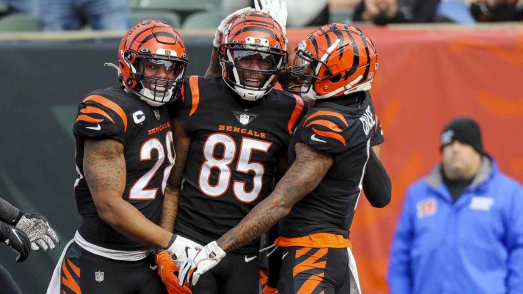 The Bengals celebrate their victory over the Ravens