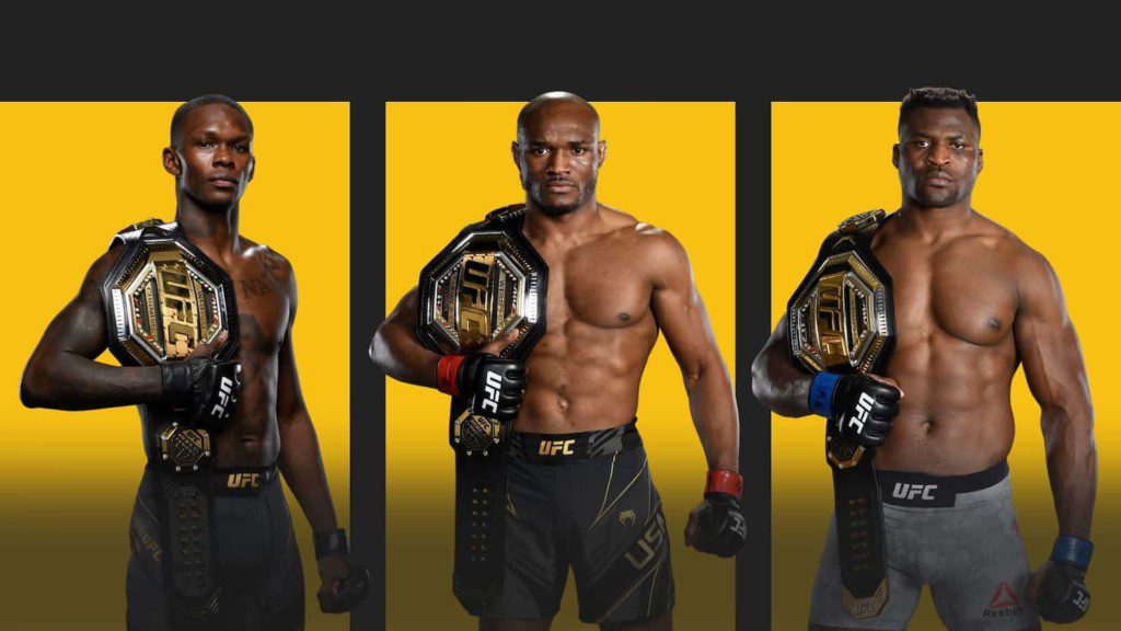 Israel Adesanya(L), Kamaru Usman(C), Francis Ngannou(R)