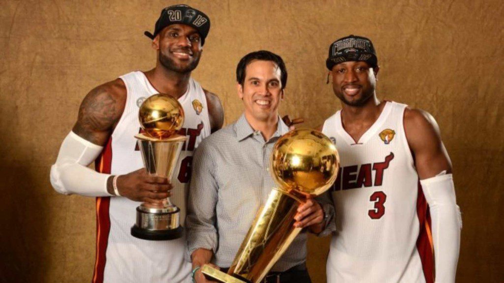 Erik Spoelstra with LeBron James and Dwyane Wade