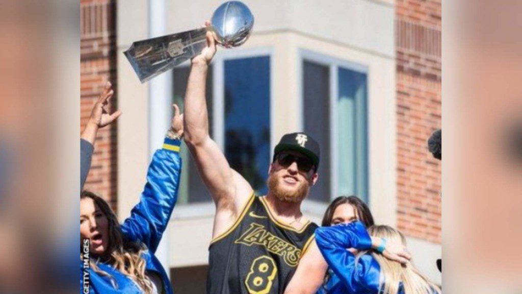 This shirt right here is a little young Coop' : Andrew Whitworth sports  HILARIOUS Cooper Kupp t-shirt at Rams victory parade