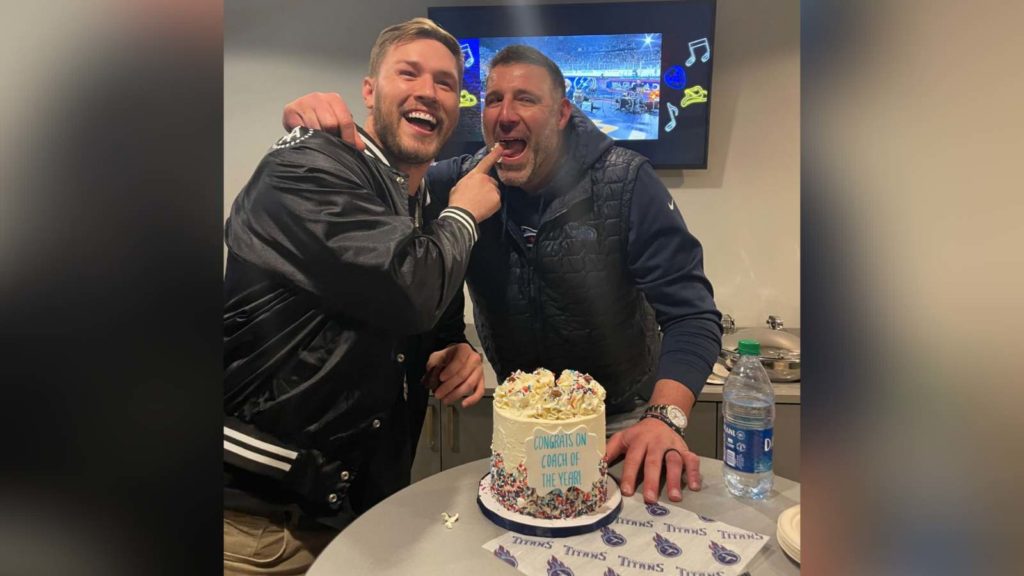 A player/coach relationship goes off the field!": Will Compton celebrates  with coach Mike Vrabel