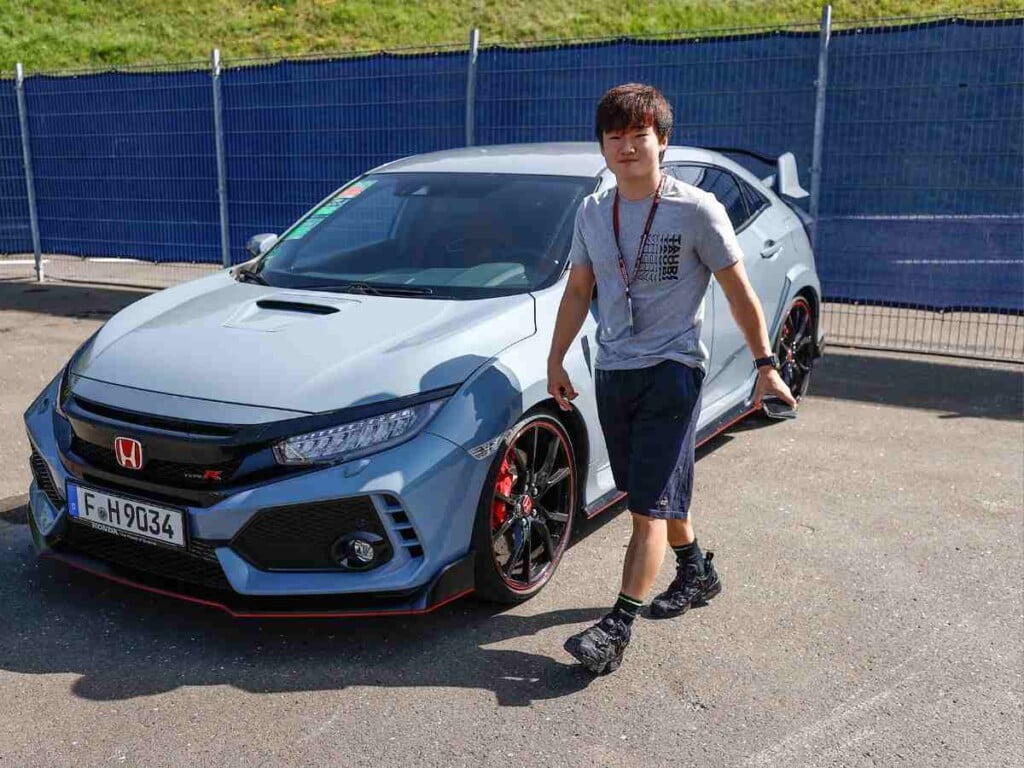 Yuki Tsunoda with a Honda Civic Type R