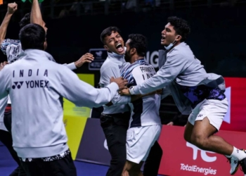 Indian players celebrating their win at Thomas Cup