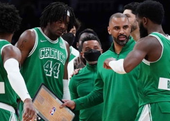 Marcus Smart, Robert Williams III, Ime Udoka and Jaylen Brown