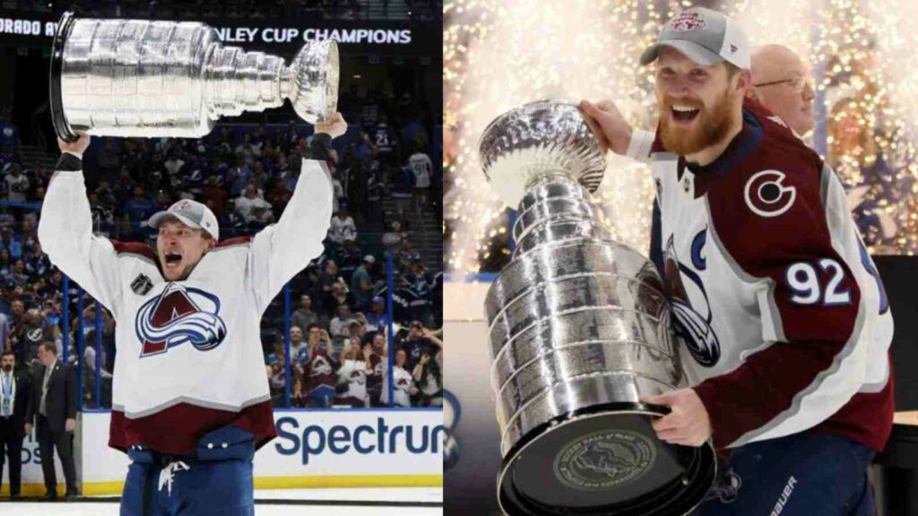 Gabriel Landeskog hands over the Stanley Cup to Erik Johnson