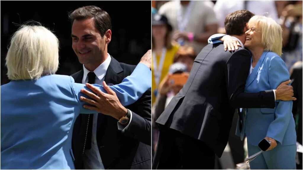 Sue Barker and Roger Federer at the Wimbledon Parade of Champions 2022 - (L) IMAGO/Action Plus, (R) IMAGO / Shutterstock/ Ella Ling