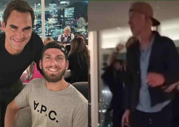 Roger Federer with Cameron Norrie and John McEnroe dancing on the top of the table