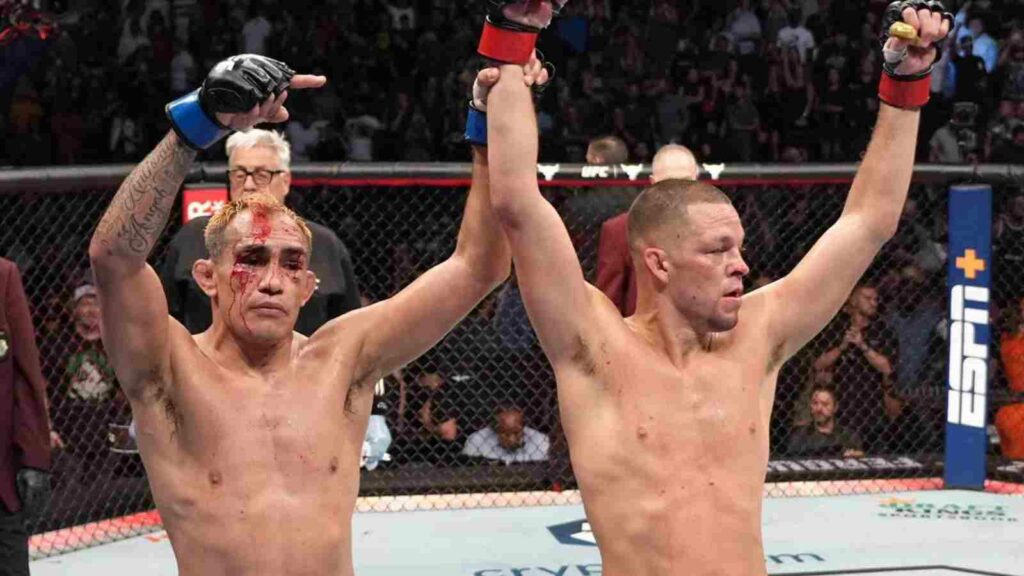 Two veterans of the sport: Tony Ferguson (L) and Nate Diaz (R) embrace after their battle at UFC 279