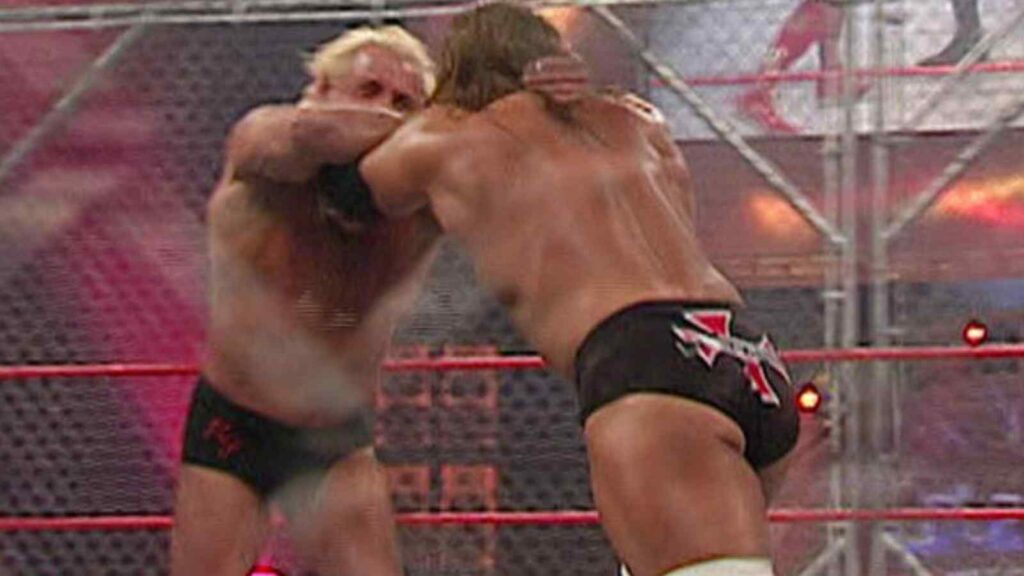 Ric Flair vs Triple H fight in a Steel Cage Match at Taboo Tuesday 2005