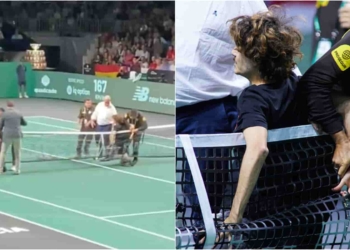 Protestors at the Davis Cup 2022 - (Image Credits (L) Twitter Handle of Raquel Bermúdez, (R) IMAGO / ZUMA Wire)