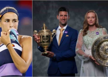 Monica Puig, Novak Djokovic and Elena Rybakina posing with their Wimbledon trophies