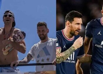 Emiliano Martinez and Lionel Messi mock Kylian Mbappe during their parade in Buenos Aires.