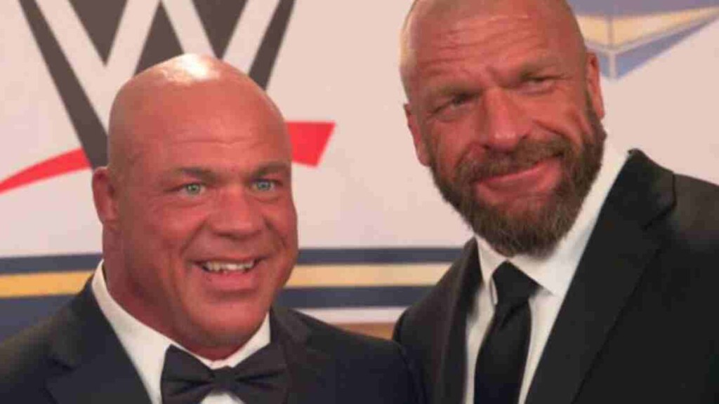 Kurt Angle with Triple H during Angle's Hall of Fame induction ceremony (Image Credits- Cageside Seats)