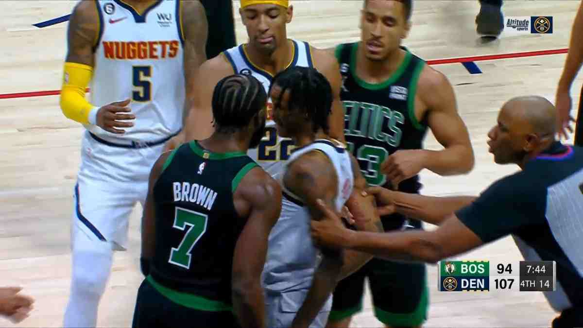 “Ref almost yanked bones out of frame” – Fans react to the ref trying to stop heated altercation between Jaylen Brown and Bones Hyland