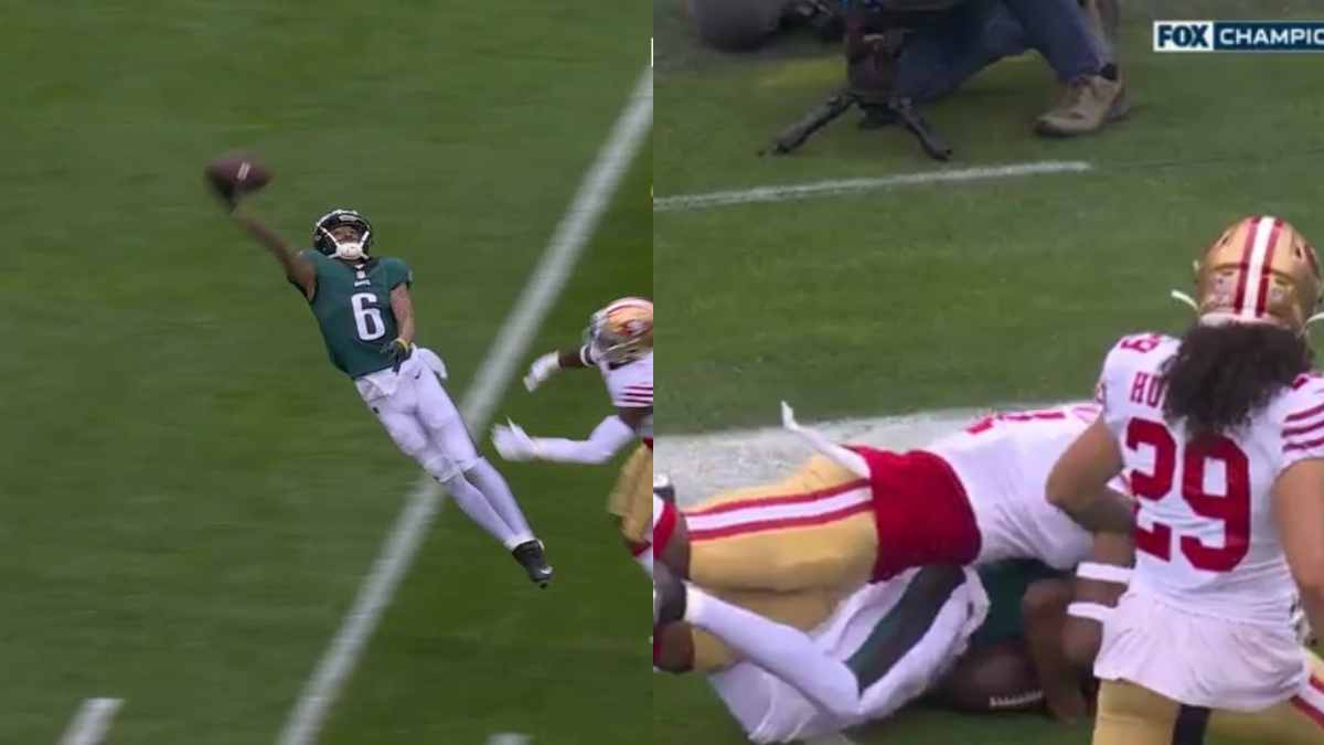 “Eagles are cheating!” – NFL Twitter loses their mind to DeVonta Smith’s ‘staggering’ one-handed catch on a crucial 4th down