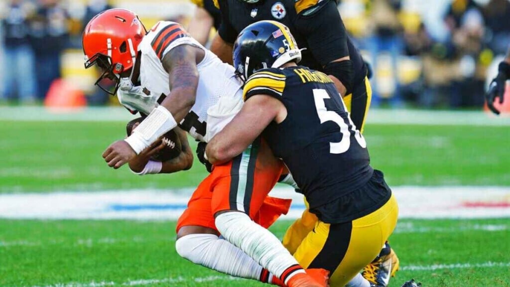 Alex Highsmith sacks Cleveland Browns QB Deshaun Watson (Image via Buffalo News)