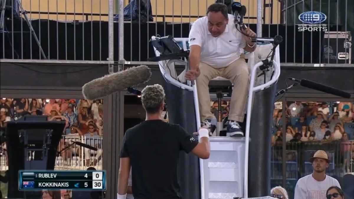 WATCH: Thanasi Kokkinakis furiously confronts the chair umpire during the match against Andrey Rublev in Adelaide