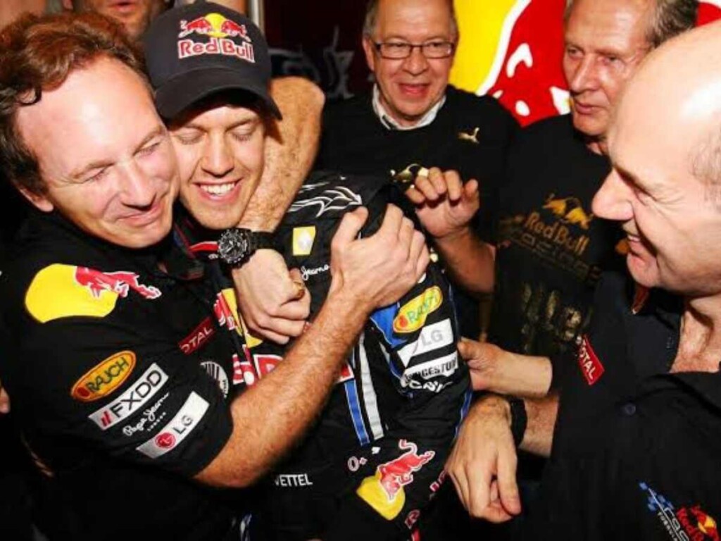 Christian Horner, Sebastian Vettel and Adrian Newey