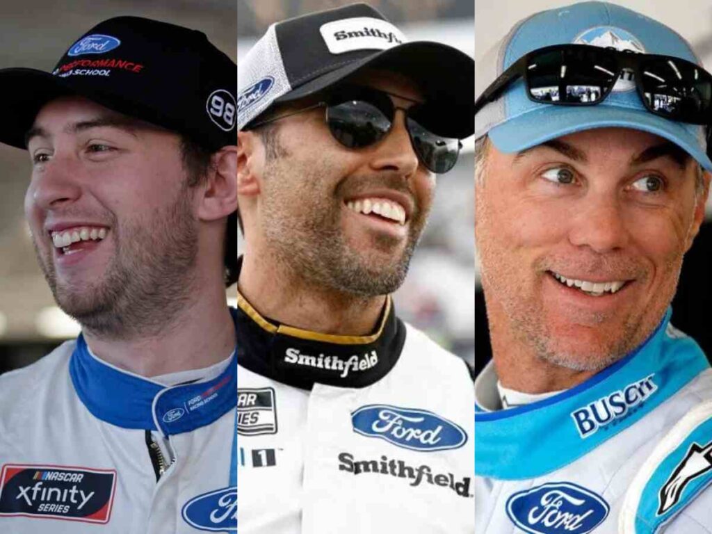 Chase Briscoe (L), Aric Almirola (C), Kevin Harvick (R)