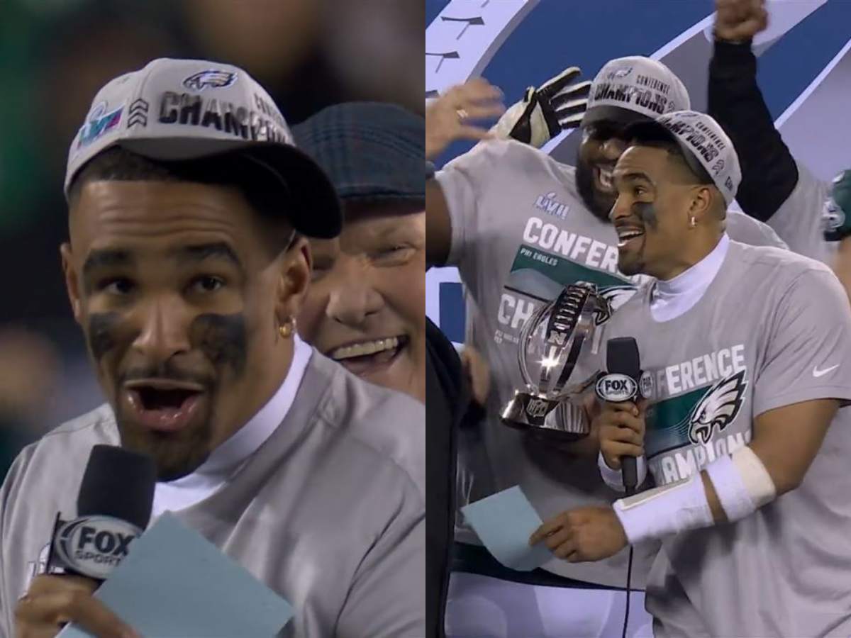 WATCH: “Stick to football” – Jalen Hurts gets MOCKED on social media for butchering the famous ‘Fly Eagles Fly’ fight song following their victory in the NFC Championship game