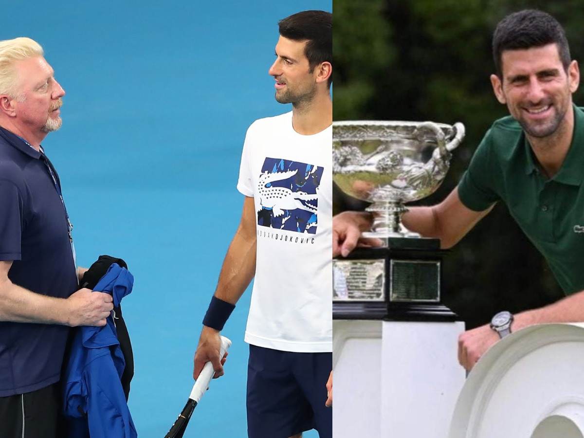 Six-time Slam champion Boris Becker congratulates Novak Djokovic following his 2023 Australian Open win