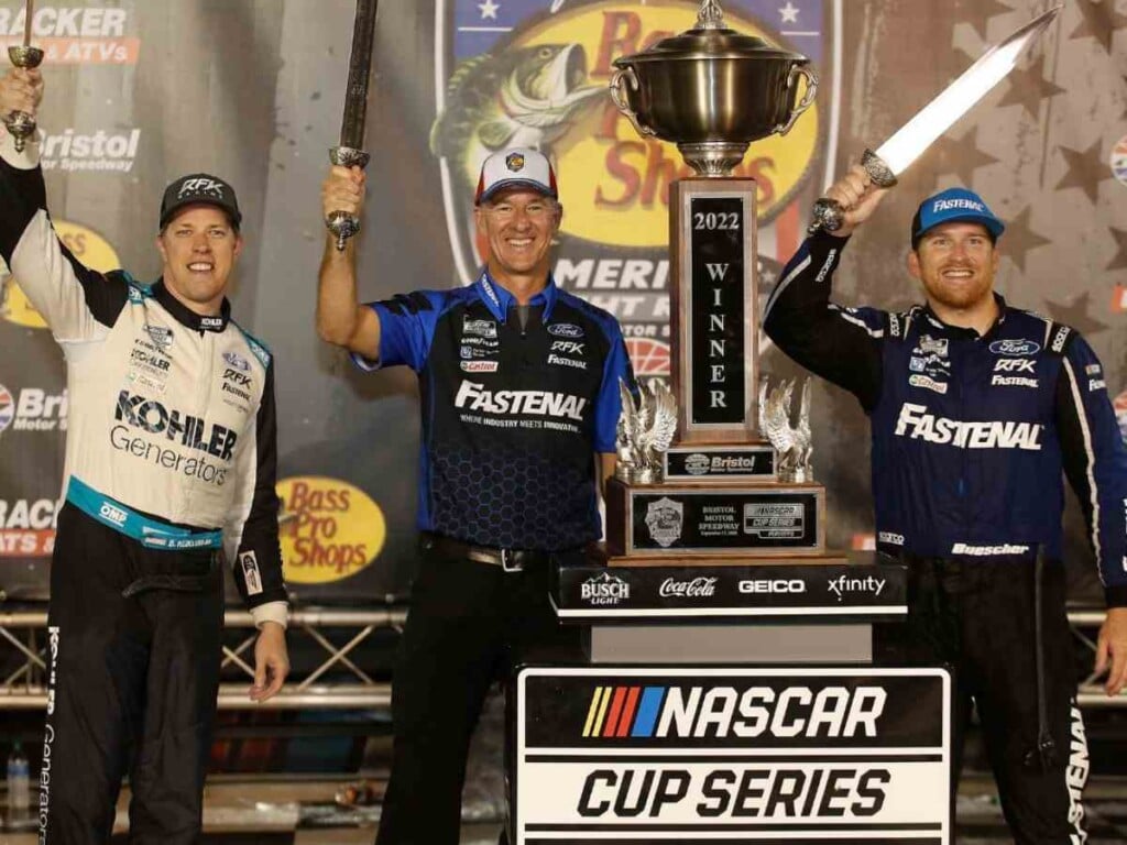 Brad Keselowski and Chris Buescher celibrating RFK Racing's Bristol playoff race win. 