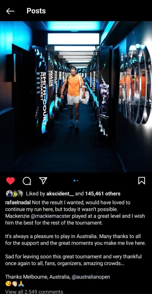 Rafael Nadal's social media post (Image Credit: Instagram)