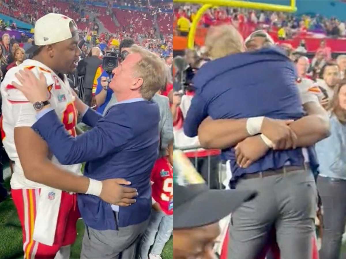 “100% rigged” – Social media speculate conspiracy theories as NFL commissioner Roger Goodell was snapped hugging Chiefs players after Super Bowl victory