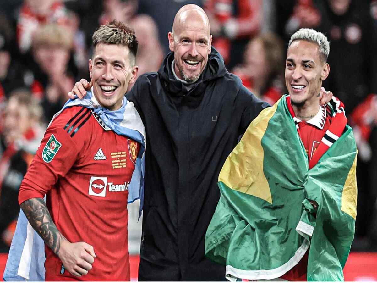 Watch: Manchester United Boss Erik ten Hag recreates the iconic Ajax dance with Antony and Lisandro Martinez after winning the Carabao Cup against Newcastle