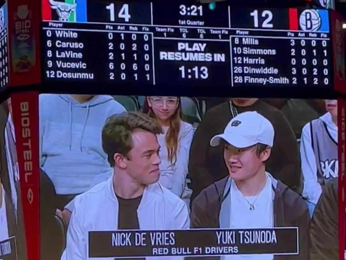 “Kiss cam vibes” – Fans react as Yuki Tsunoda and Nyck de Vries attend Chiago Bulls vs Brooklyn Nets game