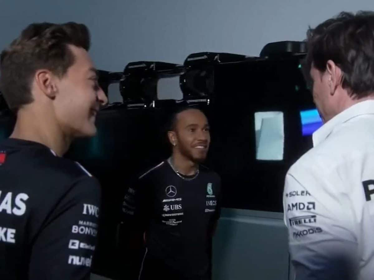 WATCH: Lewis Hamilton taken by surprise after Toto Wolff admits to stealing his shoes at the Mercedes W14 launch