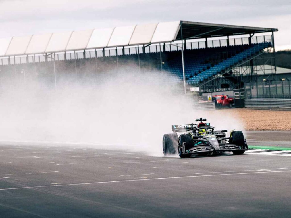 Lewis Hamilton in the Mercedes W14, during the Silverstone shakedown