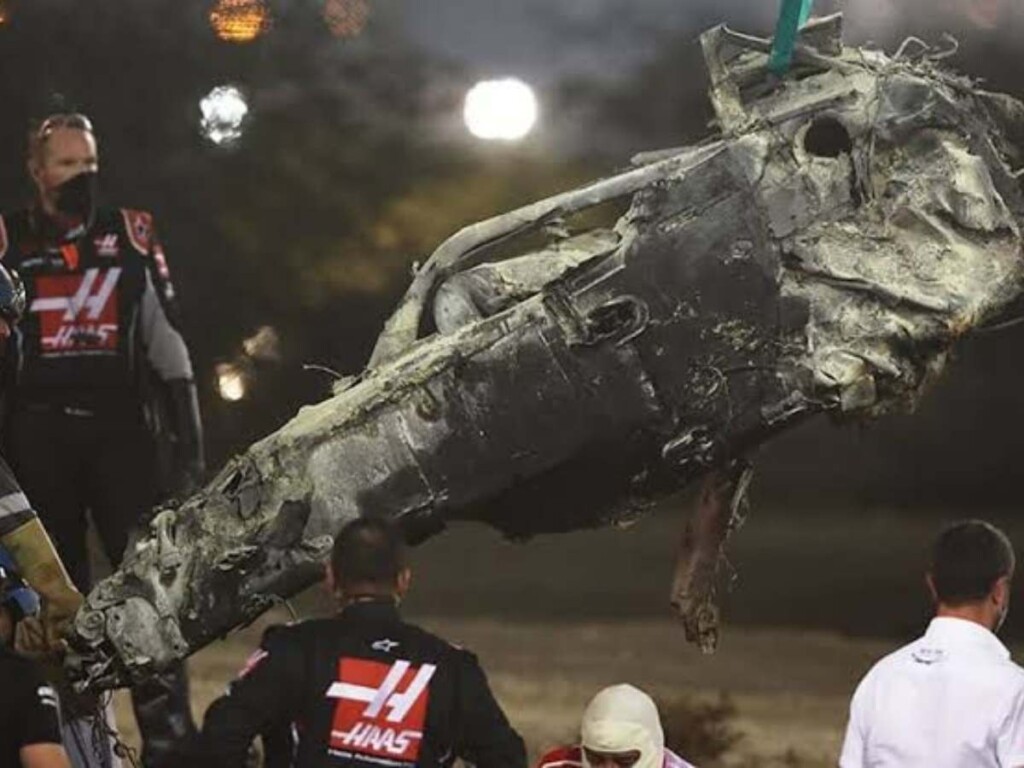 Romain Grosjean's Haas after his crash in Bahrain 2020