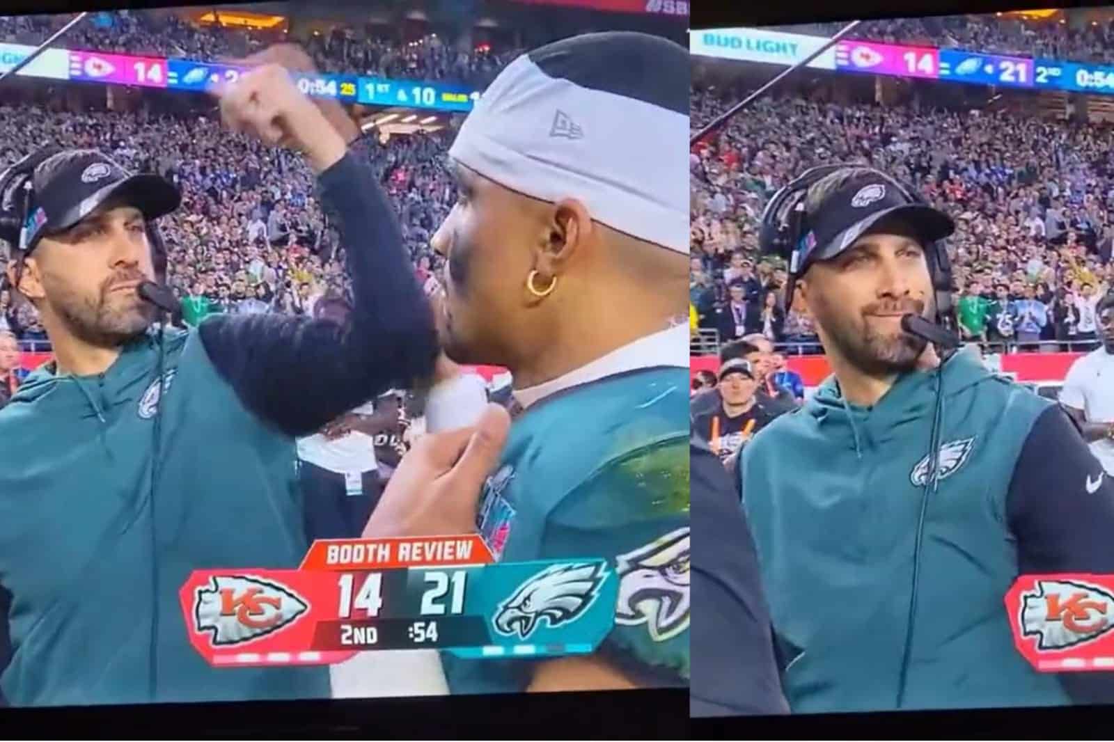 WATCH: “More mature than meathead coach” – Jalen Hurts babysits ‘notorious’ HC Nick Sirianni during Eagles’ Super Bowl loss to the Chiefs