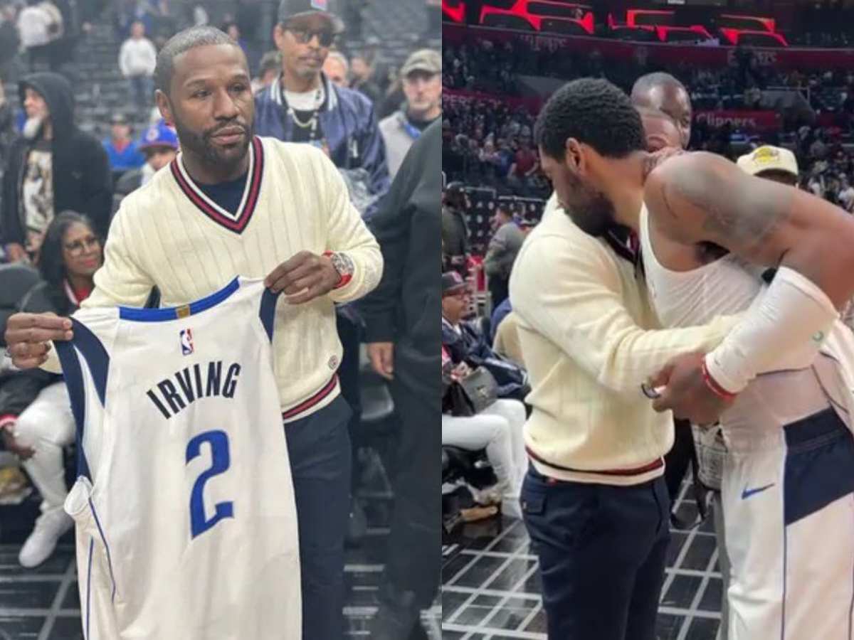 “I’ll give you one mil for the jersey” – Fans argue over Kyrie Irving gifting Floyd Mayweather special Mavericks debut jersey